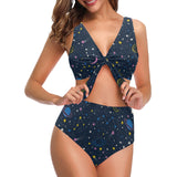 space pattern with planets, comets, constellations Chest Bowknot High Waisted Bikini Swimsuit
