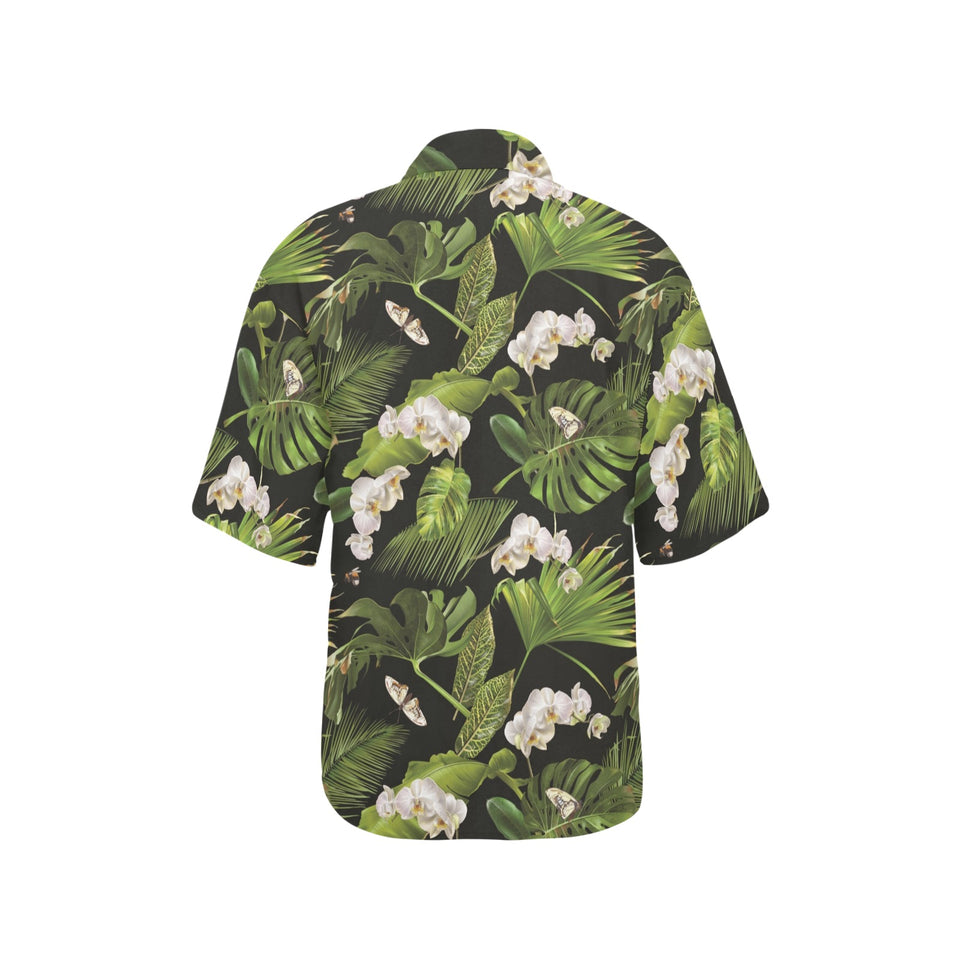 White orchid flower tropical leaves pattern blackg Women's All Over Print Hawaiian Shirt