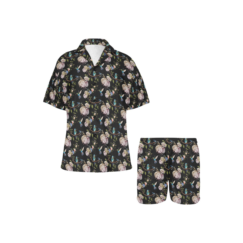 Hummingbird Pattern Print Design 03 Women's V-Neck Short Pajama Set