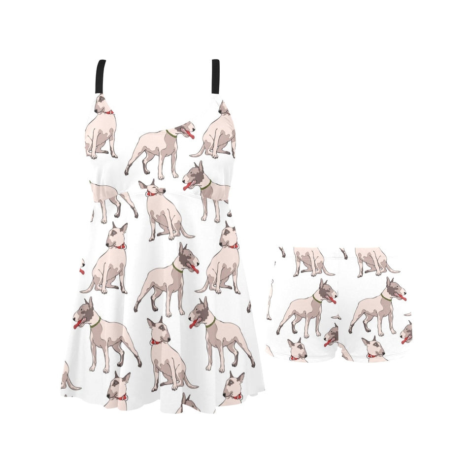 Bull Terrier Pattern Print Design 04 Chest Sexy Pleated Two Piece Swim Dress