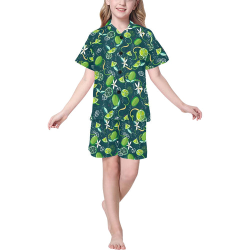 Lime ice flower pattern Kids' Boys' Girls' V-Neck Short Pajama Set