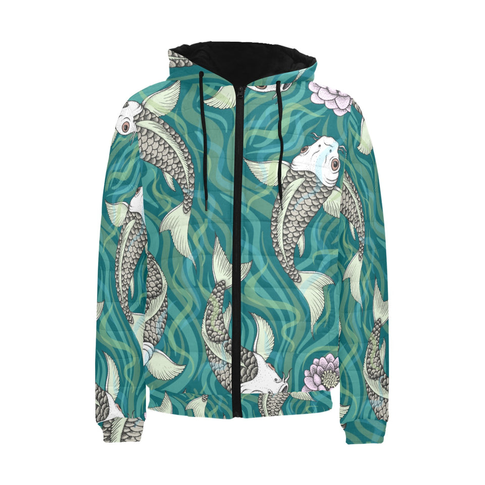 Koi Fish Carp Fish lotus pattern Men's Padded Hooded Jacket
