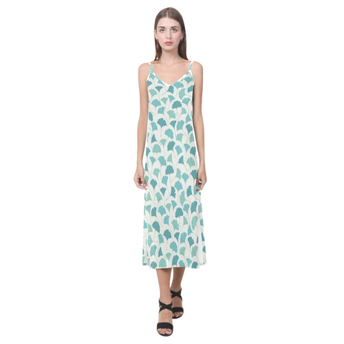 Green ginkgo leaves pattern V-Neck Open Fork Long Dress