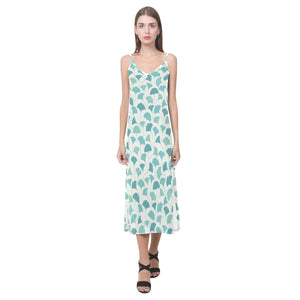 Green ginkgo leaves pattern V-Neck Open Fork Long Dress