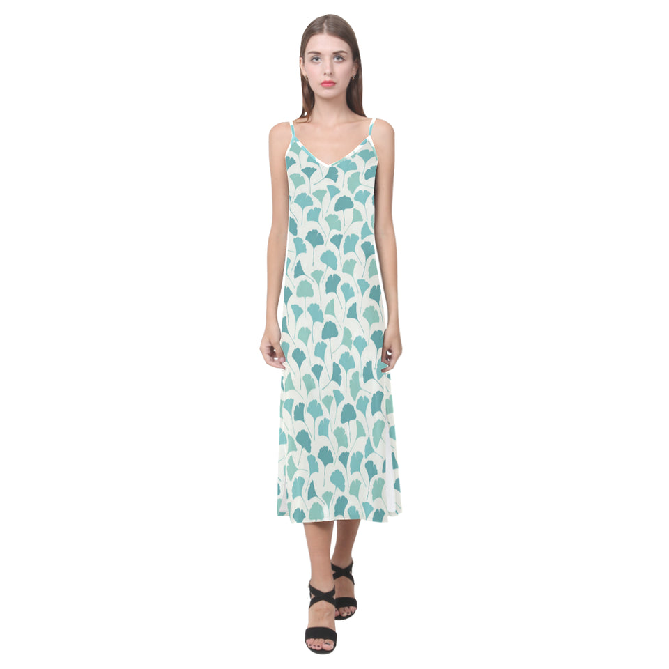 Green ginkgo leaves pattern V-Neck Open Fork Long Dress