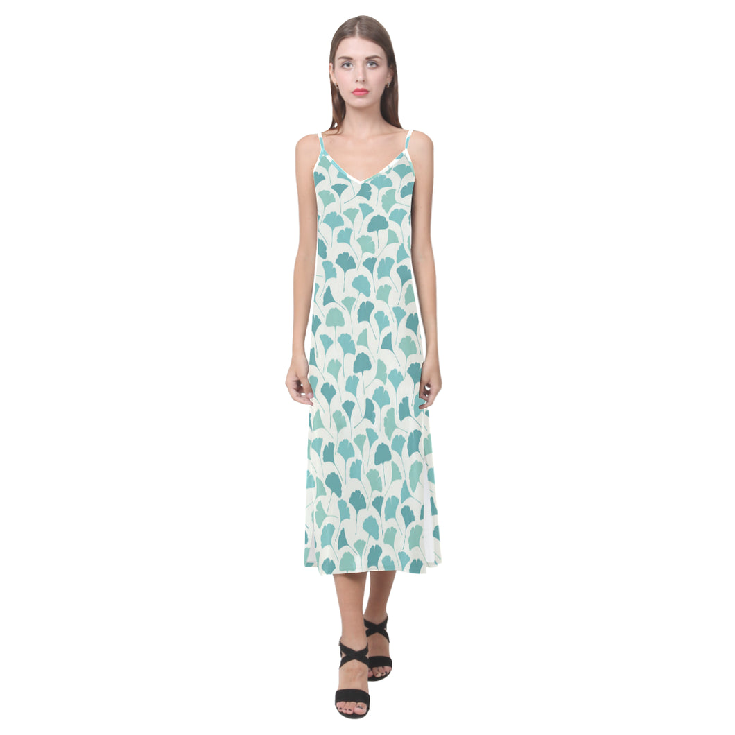 Green ginkgo leaves pattern V-Neck Open Fork Long Dress