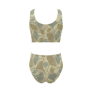 Ginkgo leaves design pattern Chest Bowknot High Waisted Bikini Swimsuit