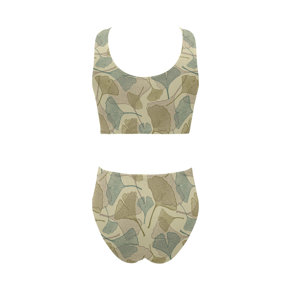 Ginkgo leaves design pattern Chest Bowknot High Waisted Bikini Swimsuit