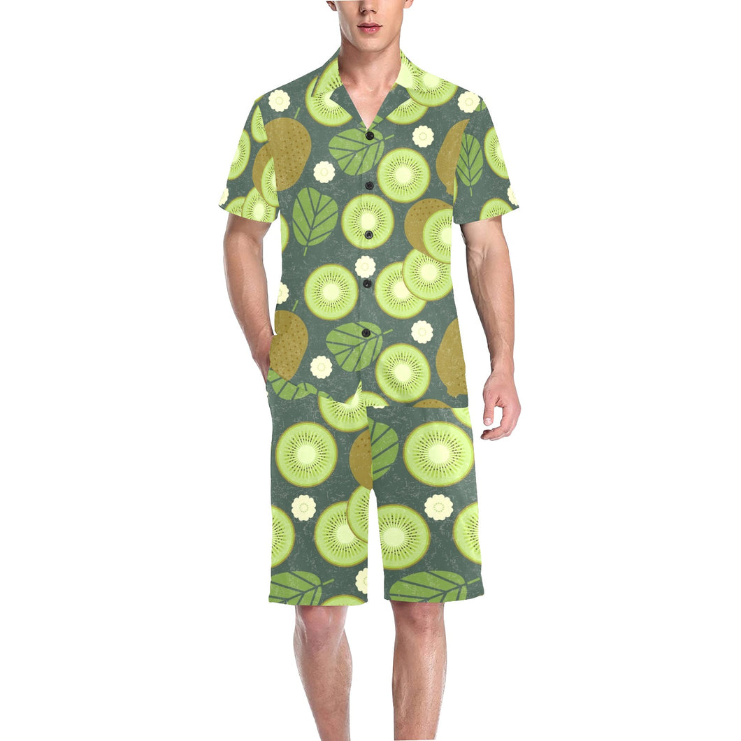 Whole sliced kiwi leave and flower Men's V-Neck Short Pajama Set