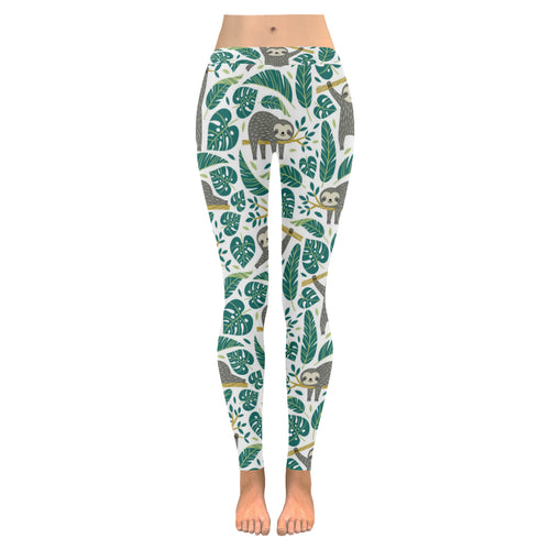Cute sloths tropical palm leaves white background Women's Legging Fulfilled In US