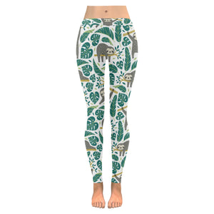 Cute sloths tropical palm leaves white background Women's Legging Fulfilled In US