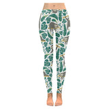 Cute sloths tropical palm leaves white background Women's Legging Fulfilled In US