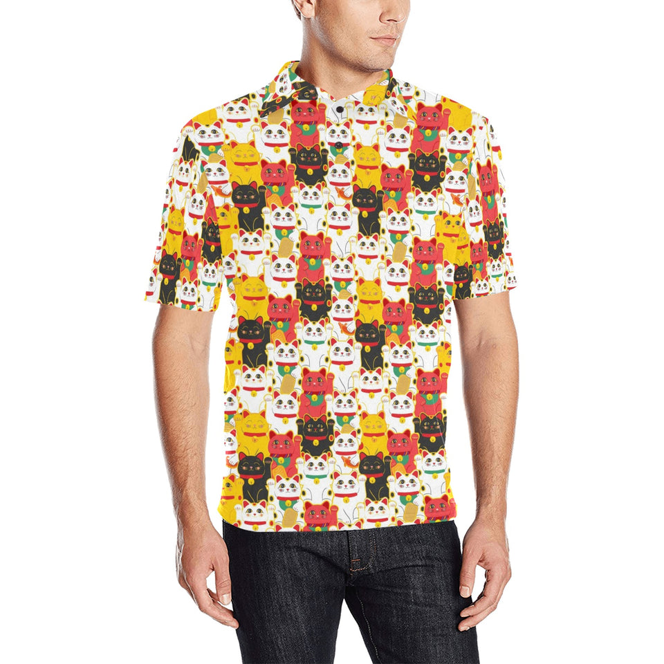 Colorful Maneki neko cat pattern Men's All Over Print Polo Shirt