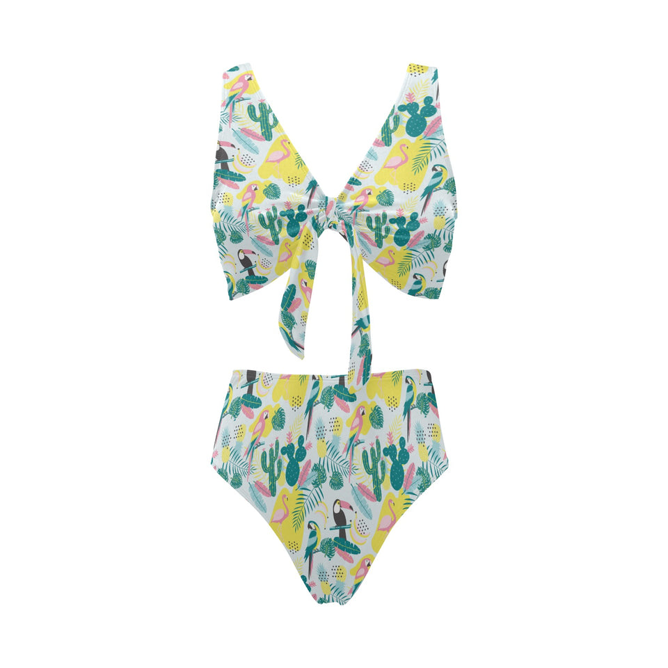 Cute parrot toucan flamingo cactus exotic leaves p Chest Bowknot High Waisted Bikini Swimsuit