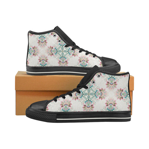 Square floral indian flower pattern Women's High Top Canvas Shoes Black