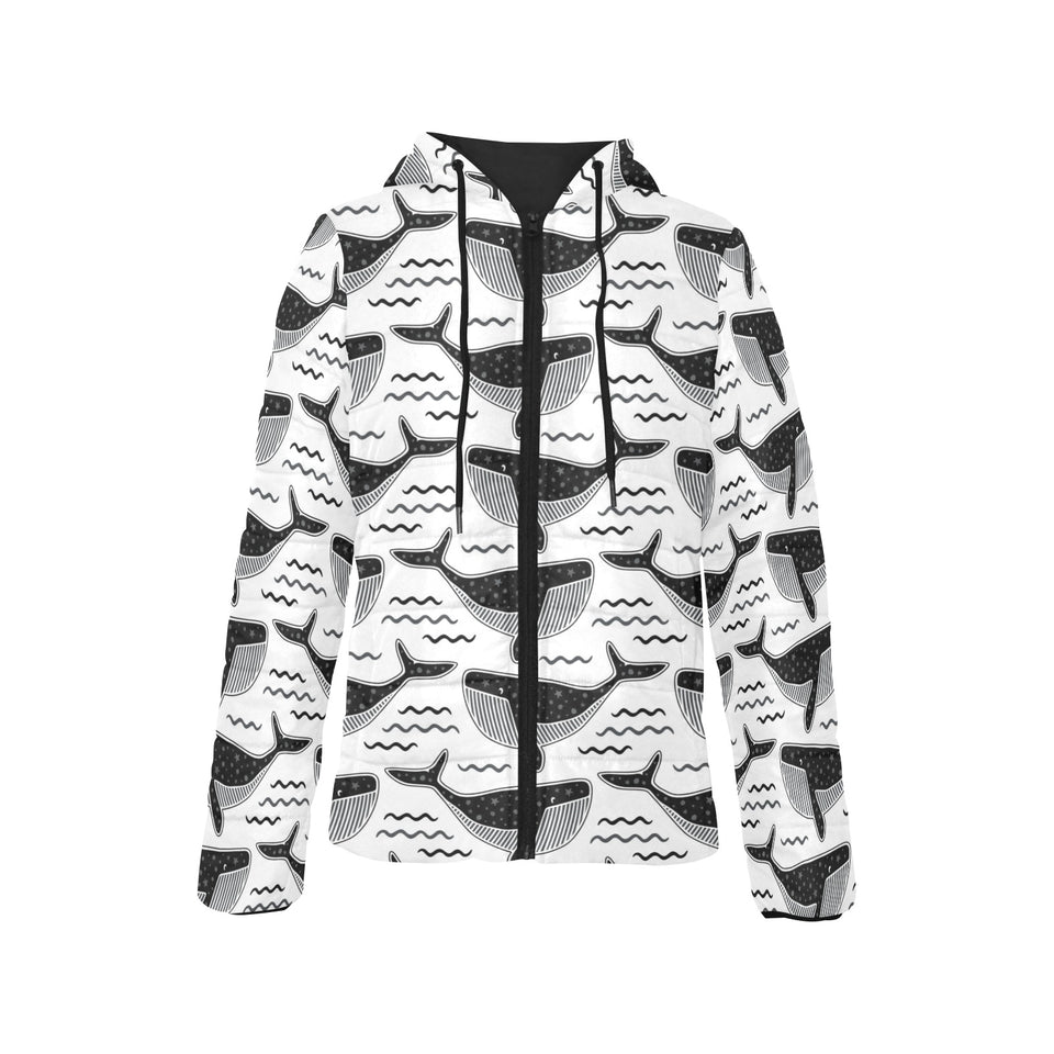 Black whale pattern Women's Padded Hooded Jacket