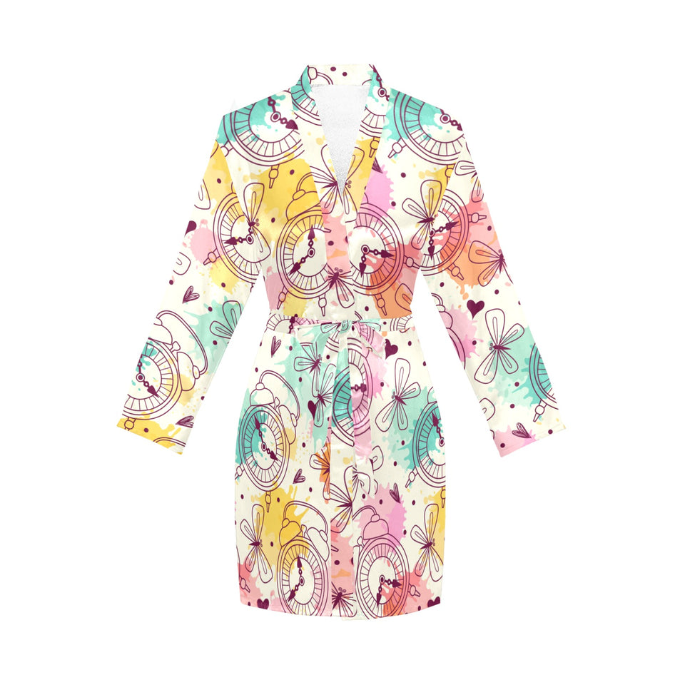 Clock butterfly pattern Women's Long Sleeve Belted Night Robe
