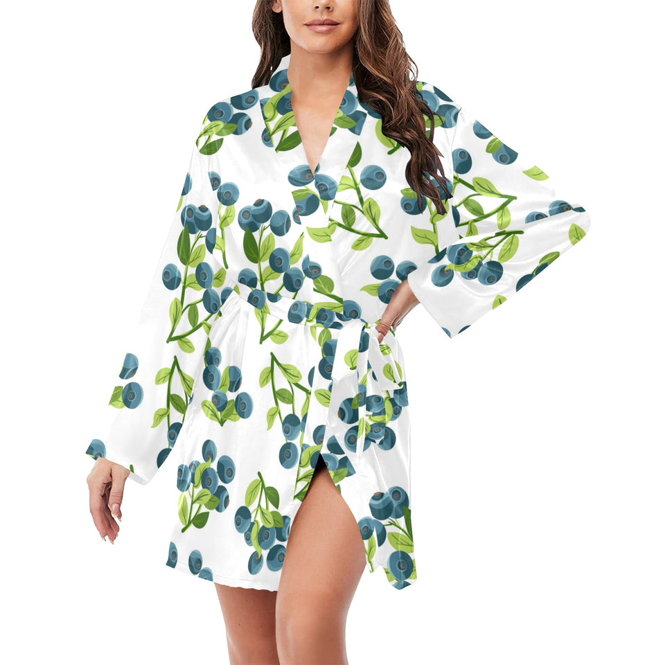 blueberry white background Women's Long Sleeve Belted Night Robe