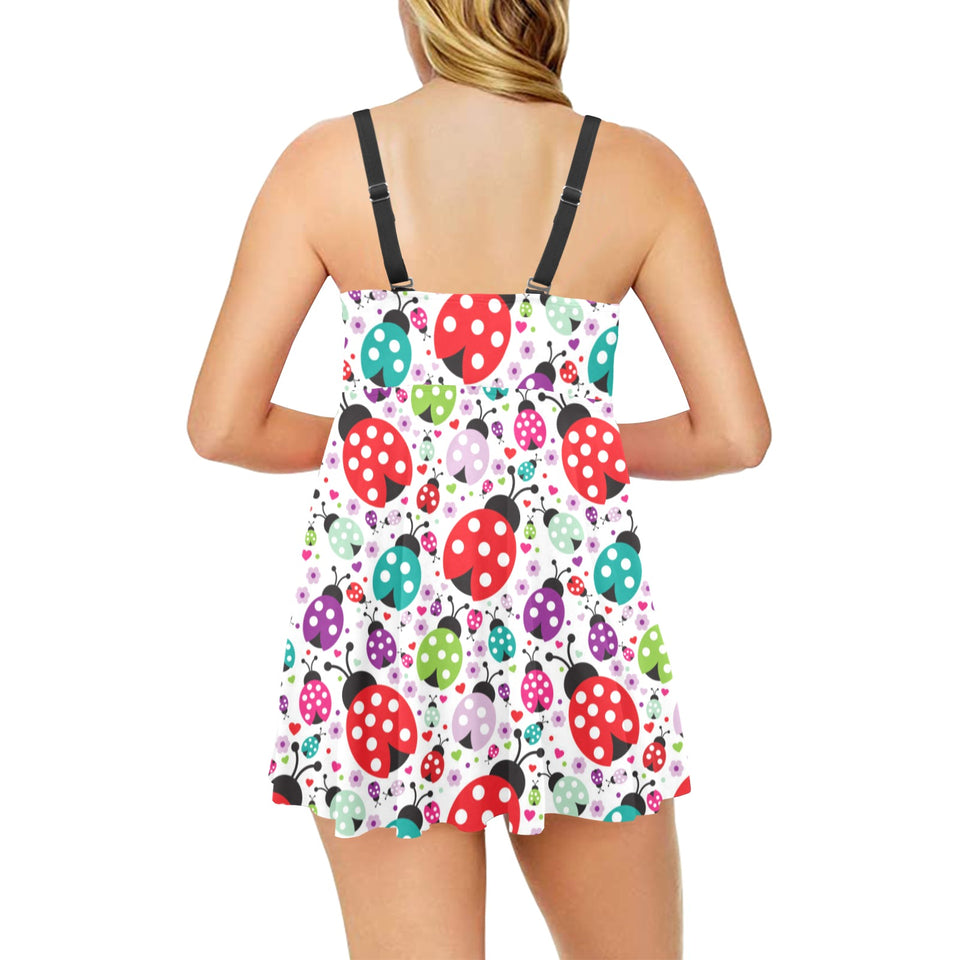 Ladybug Pattern Print Design 03 Chest Sexy Pleated Two Piece Swim Dress