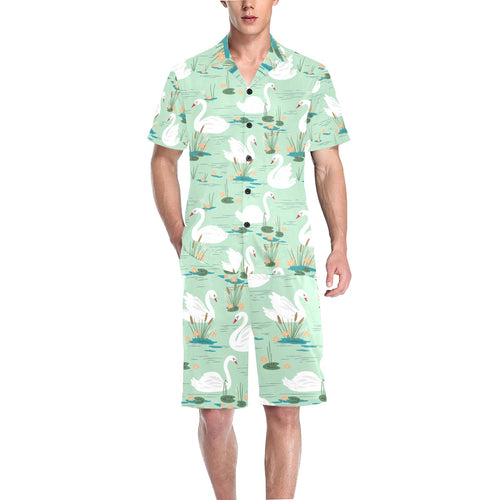 White swan lake pattern Men's V-Neck Short Pajama Set