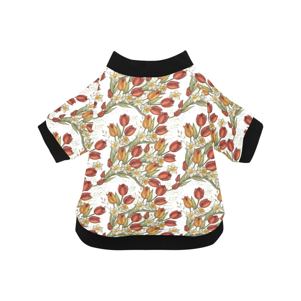 Red tulips and daffodils pattern All Over Print Pet Dog Round Neck Fuzzy Shirt