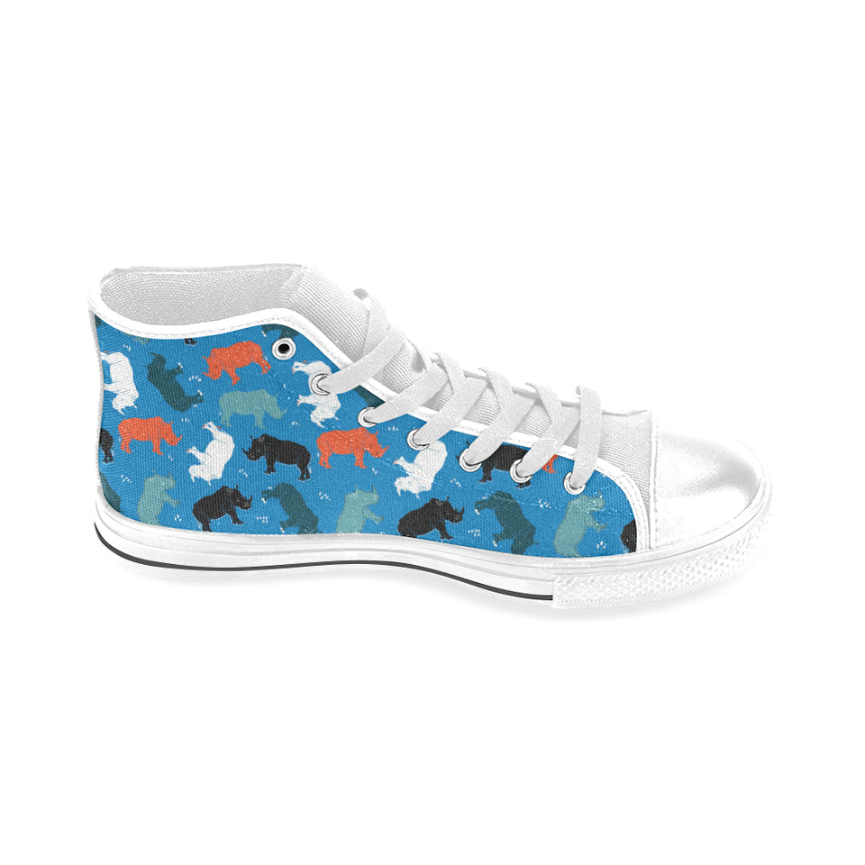 Colorful rhino pattern Men's High Top Canvas Shoes White