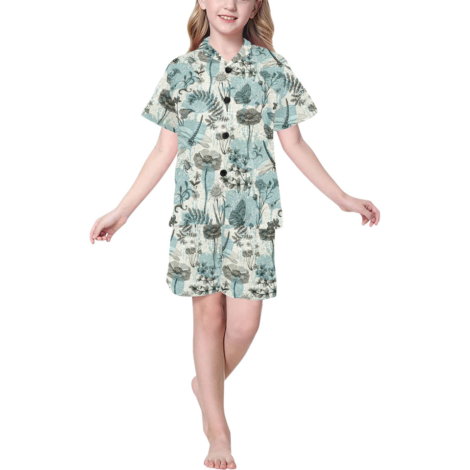Dragonfly Butterfly Plants insect flower vintage s Kids' Boys' Girls' V-Neck Short Pajama Set