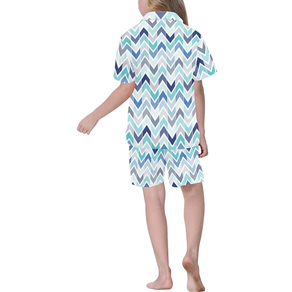 zigzag  chevron blue pattern Kids' Boys' Girls' V-Neck Short Pajama Set