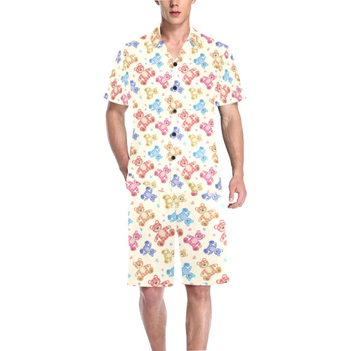 Teddy Bear Pattern Print Design 05 Men's V-Neck Short Pajama Set