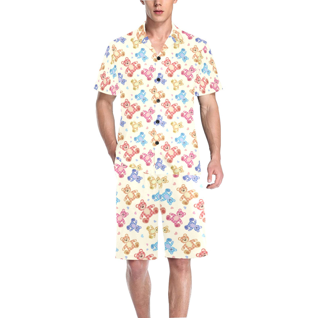 Teddy Bear Pattern Print Design 05 Men's V-Neck Short Pajama Set
