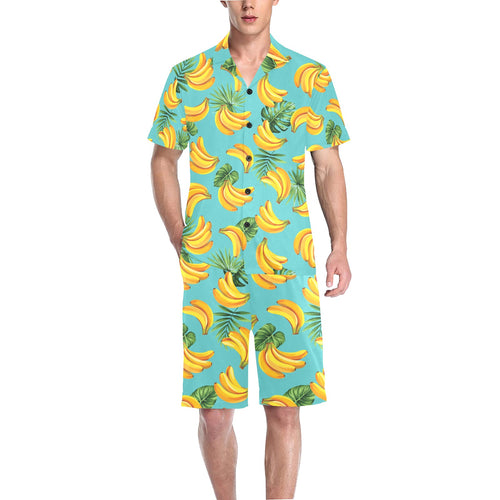 Banana Palm Leaves pattern background Men's V-Neck Short Pajama Set