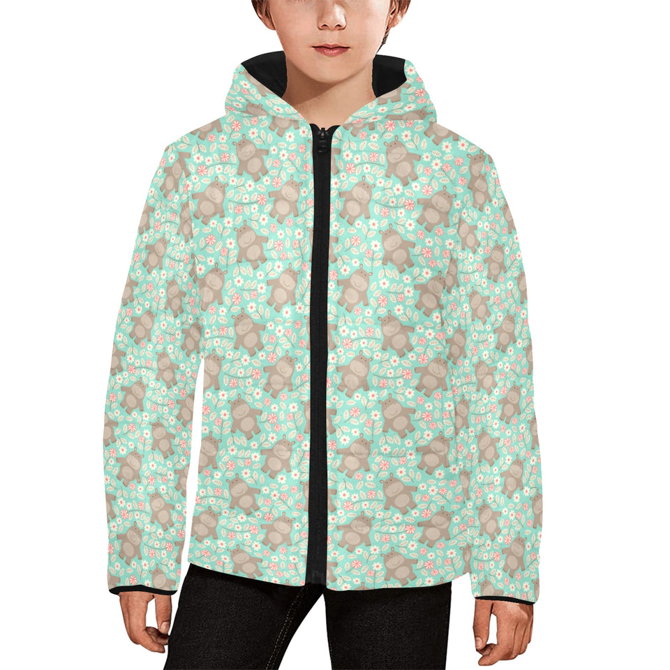 Hippopotamus Pattern Print Design 02 Kids' Boys' Girls' Padded Hooded Jacket