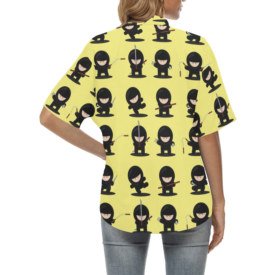 Cute ninja yellow background Women's All Over Print Hawaiian Shirt