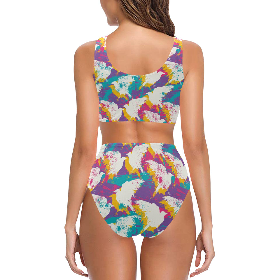 Colorful crow illustration pattern Chest Bowknot High Waisted Bikini Swimsuit