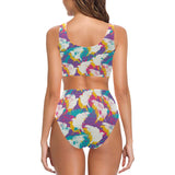 Colorful crow illustration pattern Chest Bowknot High Waisted Bikini Swimsuit