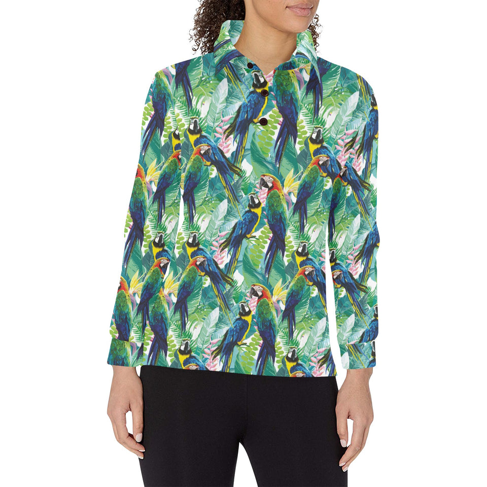 Colorful parrot exotic flower leaves Women's Long Sleeve Polo Shirt