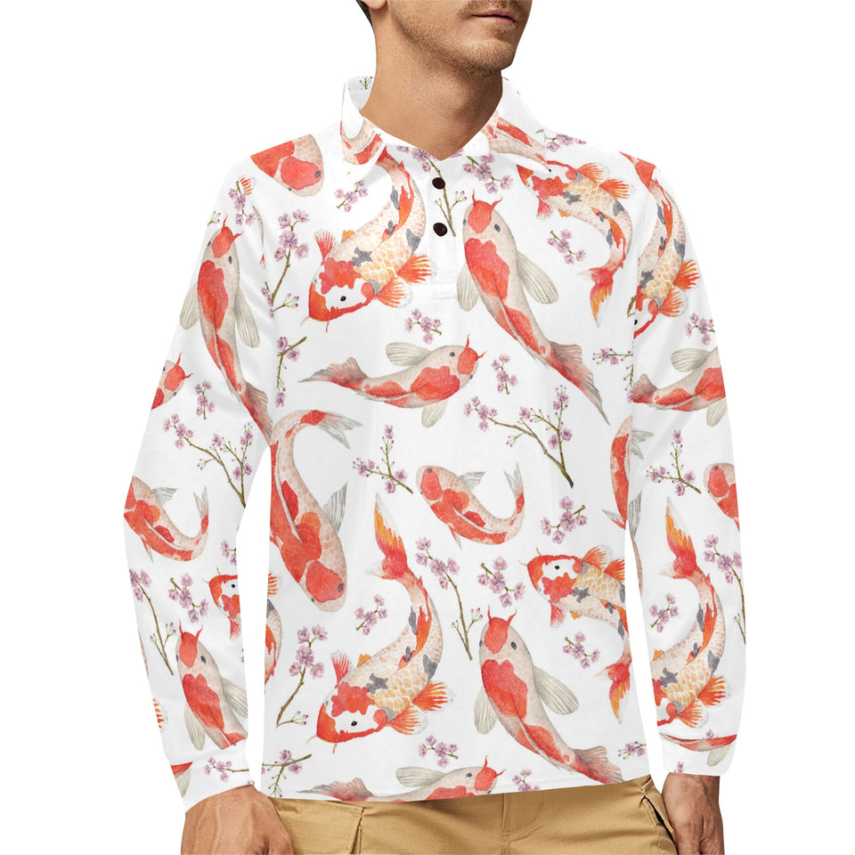 Watercolor Koi Fish Carp Fish pattern Men's Long Sleeve Polo Shirt
