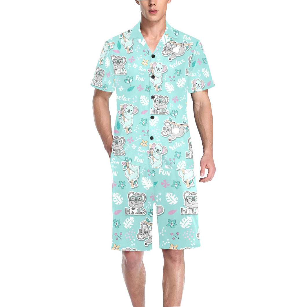 Cute koalas blue background pattern Men's V-Neck Short Pajama Set