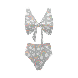 Cute rainbow clound star pattern Chest Bowknot High Waisted Bikini Swimsuit