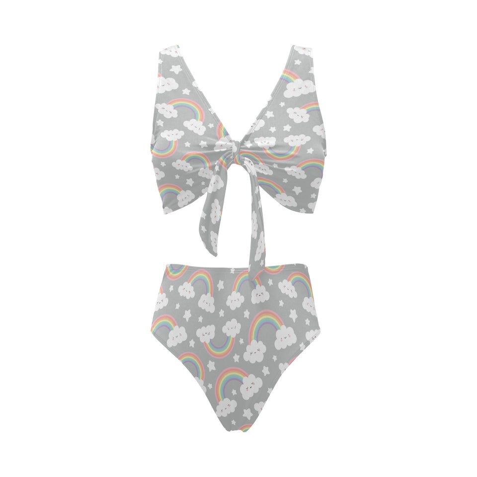 Cute rainbow clound star pattern Chest Bowknot High Waisted Bikini Swimsuit