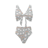 Cute rainbow clound star pattern Chest Bowknot High Waisted Bikini Swimsuit