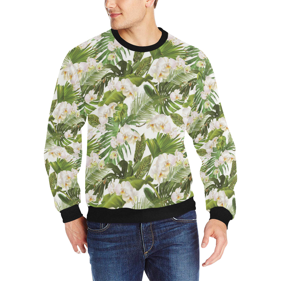 White orchid flower tropical leaves pattern Men's Crew Neck Sweatshirt