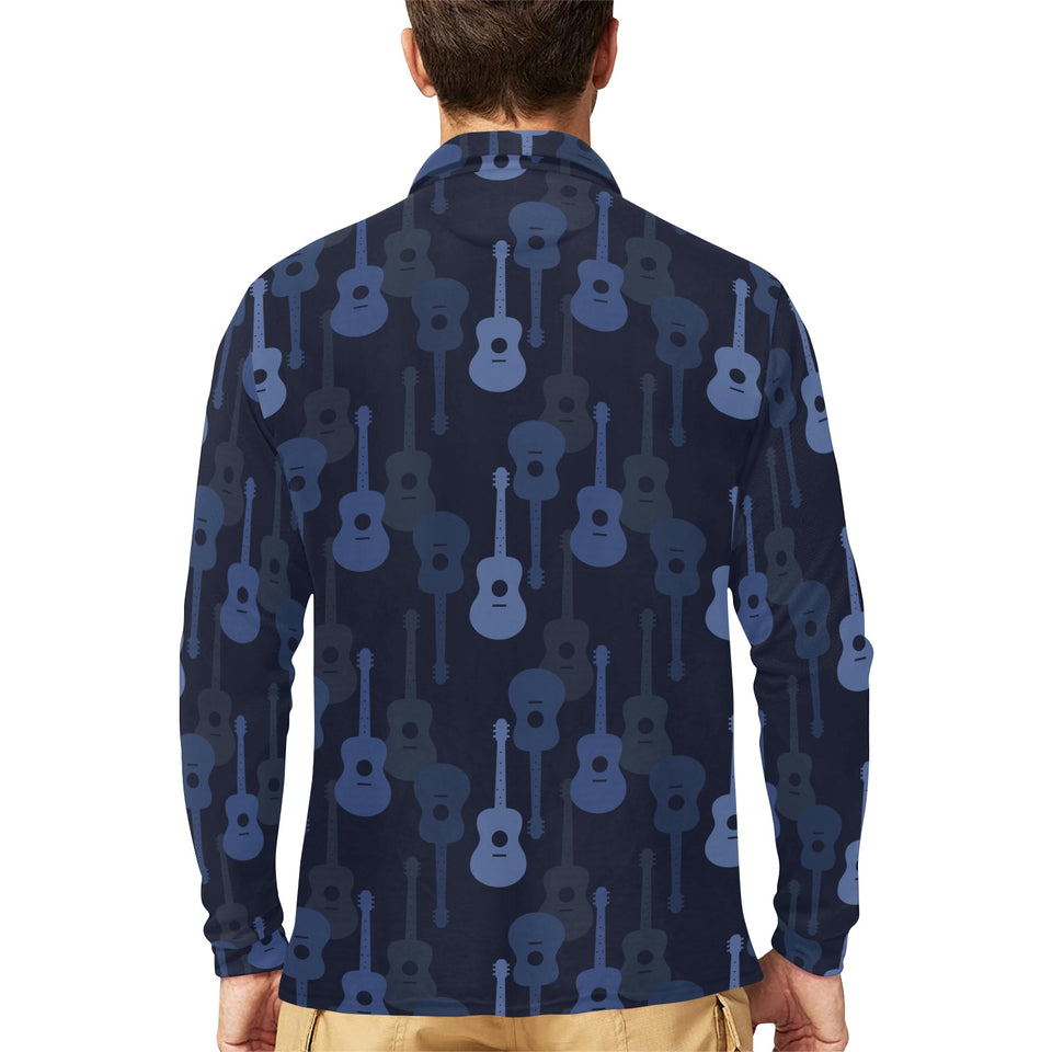 Blue Theme guitar pattern Men's Long Sleeve Polo Shirt