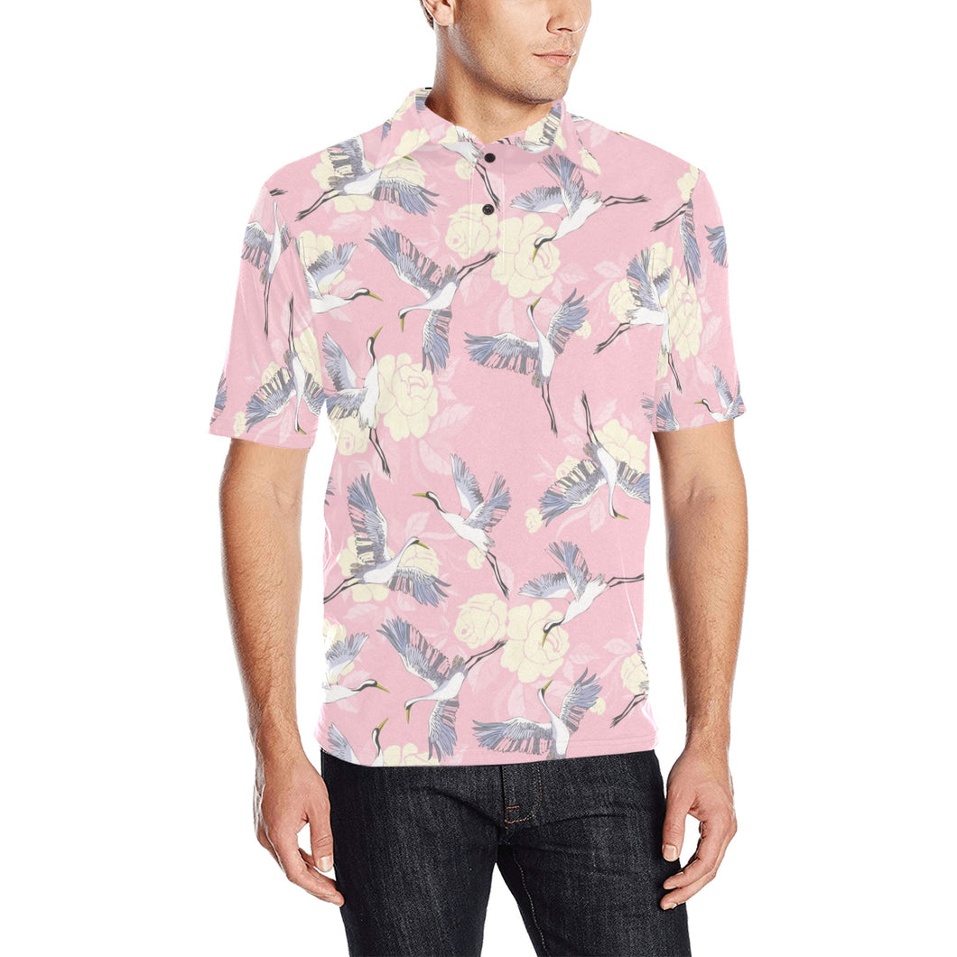 Japanese crane rose pattern Men's All Over Print Polo Shirt