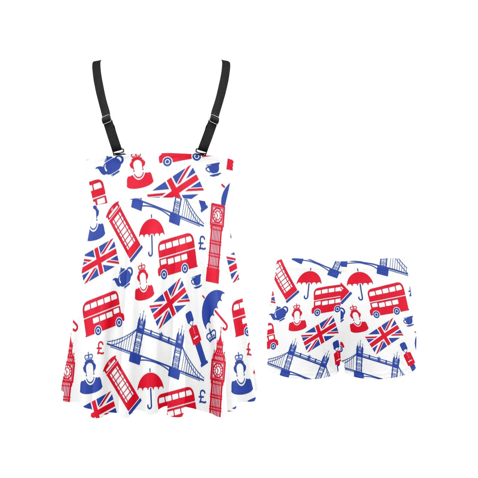 British Pattern Print Design 01 Chest Sexy Pleated Two Piece Swim Dress