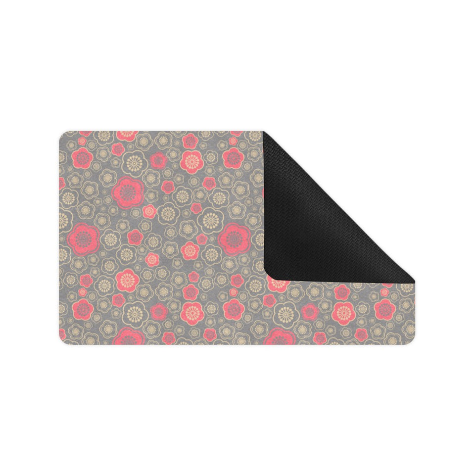 Red gold Sakura cherry blossom gray background Doormat