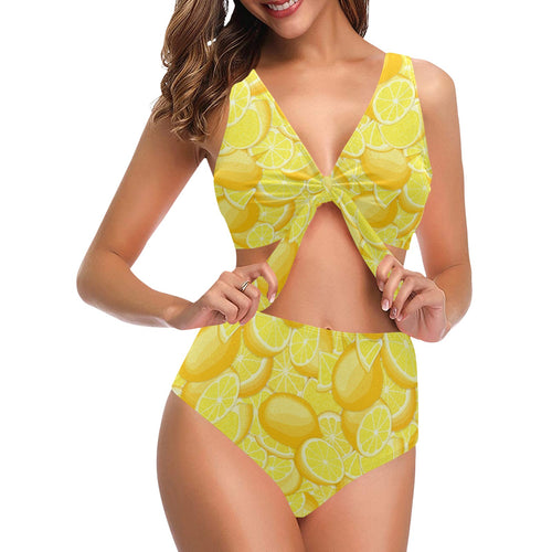 lemon pattern Chest Bowknot High Waisted Bikini Swimsuit