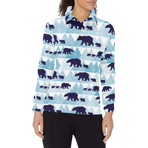 polar bear winter snow pattern Women's Long Sleeve Polo Shirt