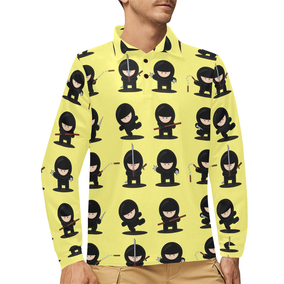 Cute ninja yellow background Men's Long Sleeve Polo Shirt