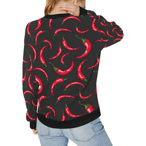 Chili peppers pattern black background Women's Crew Neck Sweatshirt